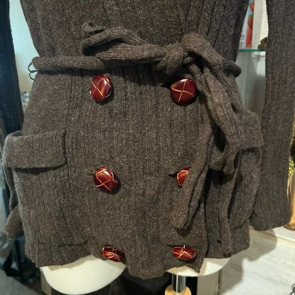 Marc Jacobs Lambs Wool Dark Brown Knitwear Cardigan with leather buttons size M - Picture 3 of 13